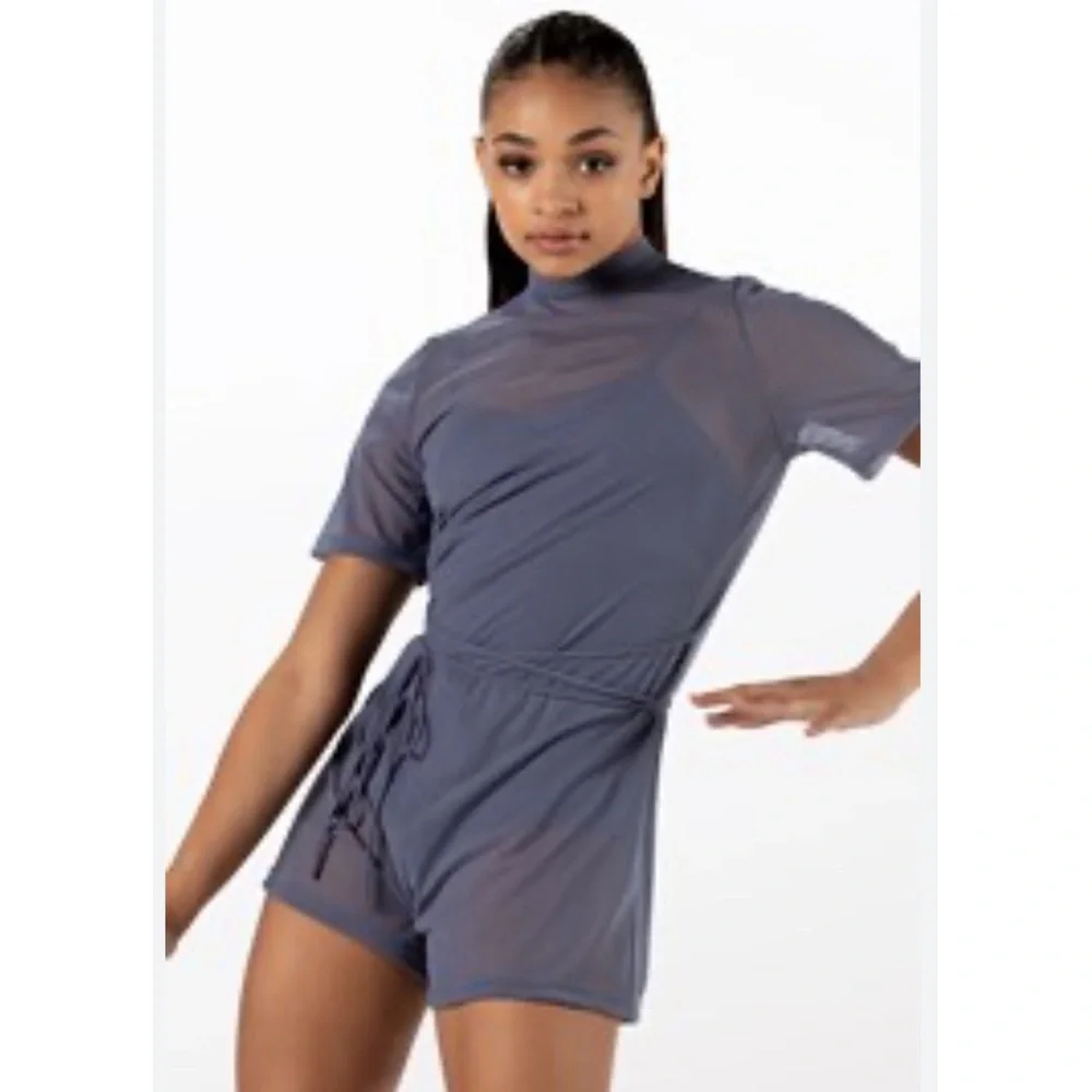 Balera | Mock Neck Power Mesh Romper Short Sleeve Storm Blue, Size LC SA